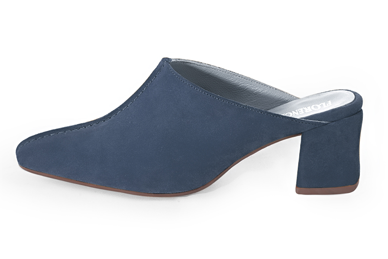 Denim blue women's clog mules. Square toe. Medium block heels. Profile view - Florence KOOIJMAN